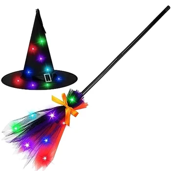 Erkek Kız Çocuk Çocuk cadı şapkası Süpürge kostüm aksesuarı Siyah Sihirbazı Uçan Süpürge Cosplay Glow Parti Malzemeleri Cadılar Bayramı