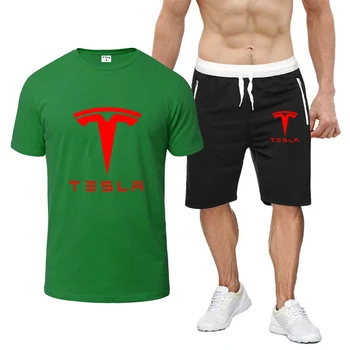 2023 Yaz Tesla Logo Baskı T-Shirt Popüler Seti erkek Rahat Yuvarlak Boyun Kısa Kollu Üstleri + Pamuk Harajuku Sweatpants Takım Elbise