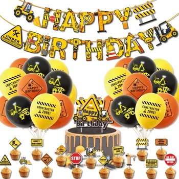 Inşaat araç parti dekorasyon Mutlu Doğum Günü Afiş Buldozer Kek Kek Toppers Balonlar