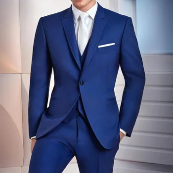 Kraliyet Mavi Düğün Smokin Damat Giyim Iş Erkek Takım Elbise 3 Parça Slim Fit Doruğa Yaka Erkek Moda Ceket Pantolon Yelek