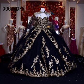 Lüks Siyah Quinceanera Elbiseler Gerçek Sevgiliye Altın Aplikler Balo Tatlı 16 Parti Törenlerinde Lace Up Vestidos De Quinceañera