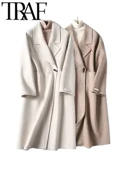 TRAF FANLAR Büyük Boy Kadın yün paltolar 2023 Sonbahar Uzun Kollu Zarif Gevşek Trençkot Kadın Rüzgarlık Haki Palto