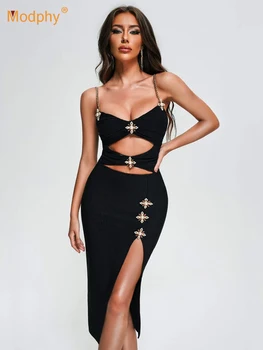 Modphy 2023 Bayanlar Metal Çapraz Spagetti Kayışı Backless Tasarım Bandaj Elbise Siyah Seksi Bodycon Ünlü Parti Gece Kulübü Elbise