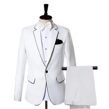 Erkekler Beyaz Takım Elbise Ceket erkek Sahne Performansı Kıyafet Ev Sahibi Şarkıcı Yıllık Toplantı Kostüm Siyah Kenarını Süslemek