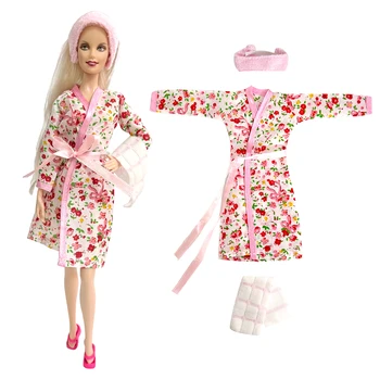 NK Resmi Bebek Bornoz Elbise Seti: elbise üzerinde çiçek desenli bornoz +saç bandı+banyo havlusu Barbie bebek İçin 1/6 ev