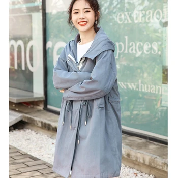 Kapşonlu Düz Renk Gevşek Kadın Siper Kore Rahat Dantel-up Kadın Trençkot Kış Basit Ofis Bayan Ceket