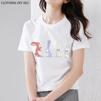 Yaz kadın Moda Anime T-shirt Karikatür Tavşan Hayvan Baskı T-shirt Rahat Rahat Yuvarlak Boyun Bayanlar Banliyö Günlük Üst