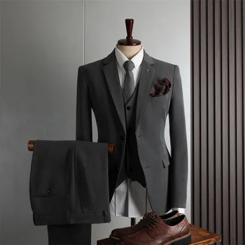 Erkek ceket pantolon yelek 3 adet takım elbise seti iki düğme çentik yaka smokin iş eğlence damat