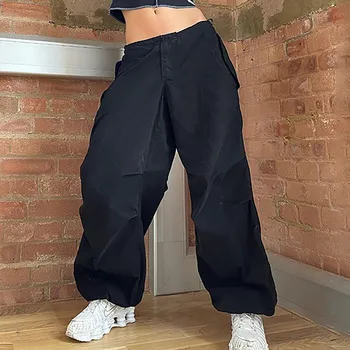 Kadınlar Casual Baggy Geniş Bacak Kargo Pantolon Sweatpants Moda Vintage Chic Katı İpli Pantolon Y2k Gevşek Streetwear Joggers