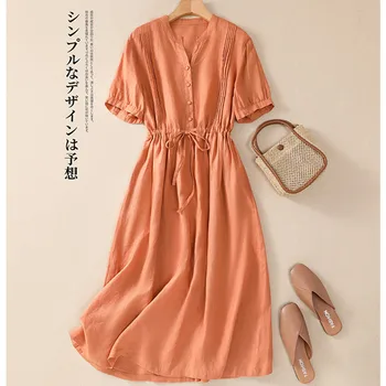 2023 Yeni Varış V Yaka Pamuk Keten Vintage Gevşek yaz elbisesi İnce Bel Ofis Bayan İş Elbisesi Moda Kadın rahat elbise