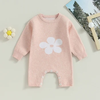 2023-06-16 Lioraitiin 0 - 24M Bebek Bebek Kız Örgü Tulum Çiçek Baskı Uzun Kollu Yuvarlak Boyun Tam Boy Tulum Kıyafetler