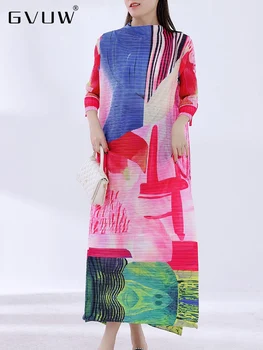 GVUW Kontrast Renk Pilili evaze elbise Kadın Standı Yaka Yarım Kollu Baskı 2023 Sonbahar Yeni Kadın moda giyim 17J0163