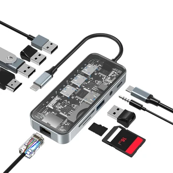 10-in-1 USB C Hub Şeffaf Dongle USB 3.0 Ethernet adaptörü 4K@30Hz HDMİ VGA SD/TF kart okuyucu 3.5 mm Ses Macbook PC İçin