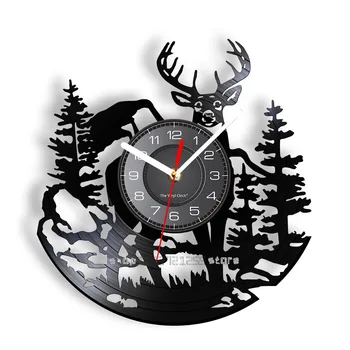 Huş Ağacı Orman Geyik Duvar Sanatı Woodlands Buck Duvar Dekor Vinil kayıt saati Mancave Avcılık Kulübü Hayvanlar Vintage duvar saati