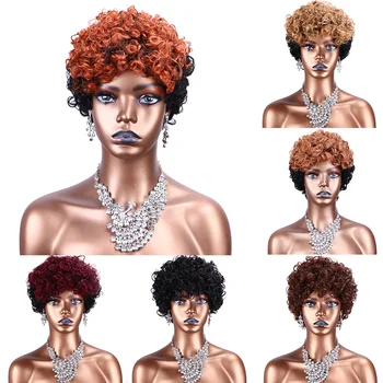 Kısa insan saçı Peruk Peri Kesim uzun brezilyalı saç Siyah Kadınlar için Makine Yapımı Ucuz Tutkalsız Kıvırcık Afro-Amerikan Peruk