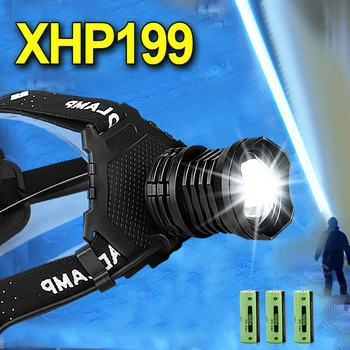Yükseltilmiş Güçlü Far XHP199 Balıkçılık Far Başkanı El Feneri USB Şarj edilebilir baş feneri Baş Feneri 18650 Pil