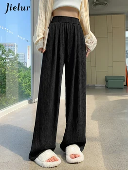 Jielur Rahat Yüksek Bel Ince Yumuşak Kadın Geniş Bacak Pantolon Temel Basit Düz Renk Şık Cep Moda Gevşek Kadın Pantolon Siyah