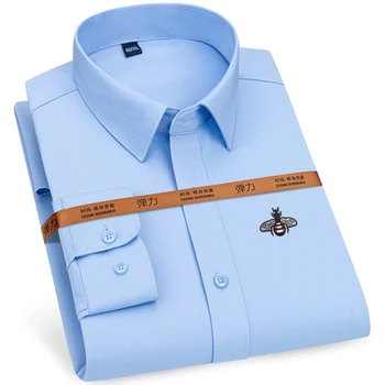 Erkek Klasik Tasarım Gömlek Çift G Arı Nakış Gömlek Standart-fit Düğme Up Casual Bluz Tops Kaplı Uzun Kollu Gömlek