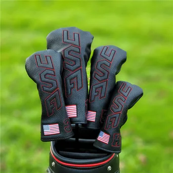 Basit golf Siyah Headcovers Kapak ABD Bayrağı Sürücü Kafa Kapakları Fairway Ahşap Kafa Kapakları Hibrid Pu Deri Su Geçirmez Seti