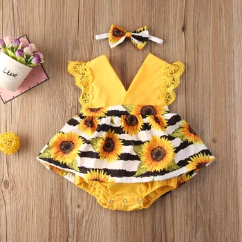 Yenidoğan Bebek Kız Giysileri Dantel Fırfır Ayçiçeği Baskı Romper Kafa Bandı 2 Adet Yaz Kolsuz Kıyafetler Sunsuit 0-24Months için