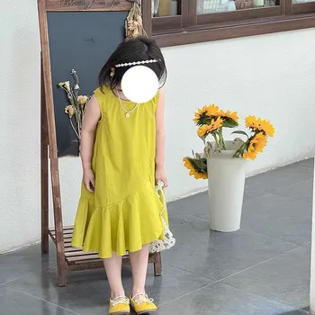 Kız Elbise Düzensiz Kolsuz Sundress 2023 Yeni Yaz Moda Düz Renk Rahat Basit Tatlı Elbiseler Kızlar için