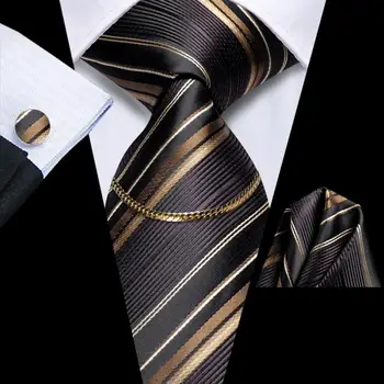 Klasik Çizgili Kahverengi 2023 Yeni Lüks İpek Erkek Kravat Moda Kravat Zinciri Hanky Kol Düğmesi Seti Hediye Erkekler İçin Hi-Kravat Tasarımcı