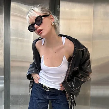 Şeffaf Spagetti Kayışı Nervürlü Örme Kaşkorse Kadın Seksi T-shirt Yaz Beyaz Kırpma Üst Boyunduruk Streetwear Kolsuz Y2k Üst