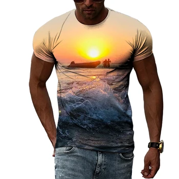 Yaz Kıyı Manzara Moda erkek T-Shirt 3D Rahat Baskı Manzara Grafik T Shirt İlginç Trend Kısa Kollu T-Shirt