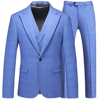3 Adet Set Takım Elbise Ceket Yelek Pantolon / 2023 Moda Erkekler Rahat Butik İş Düğün Çizgili Ekose Elbise Blazers Ceket Pantolon