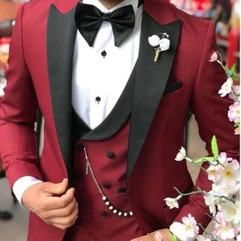 Son Klasik Bordo Erkek Takım Elbise Tepe Yaka Damat Düğün Blazer Resmi Balo İş Slim Fit Smokin ( Ceket+Pantolon+Yelek)