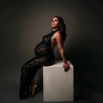 Seksi uzun elbise Hamile Fotoğraf Sahne hamile elbiseleri Fotoğraf Çekimi Kadınlar Gebelik Streç Kristal Maxi Parti Kıyafeti