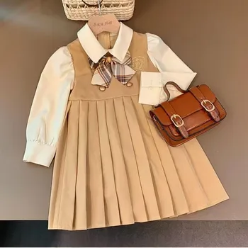 Kız Bebek Uzun kollu Elbise Kampüs Tarzı İlkbahar ve Sonbahar Moda çocuk Elbise Sahte İki Adet Prenses Elbise