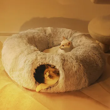 2 İn1 Yuvarlak Kedi Yatak Ev Komik kedi tüneli Oyuncak Yumuşak Uzun Peluş Kedi Evi Küçük Köpekler Sepeti Yavru Yatak Mat Kulübesi Derin Uyku