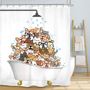 Yağmur Kediler ve Köpekler Duş Perdeleri Çocuklar için Karikatür Sevimli Hayvanlar Desen 3D Baskılı Polyester Kumaş banyo perdesi Kanca ile